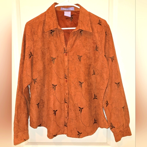 Western embroidered women's button up, Suede women's blouse - Picture 1 of 5